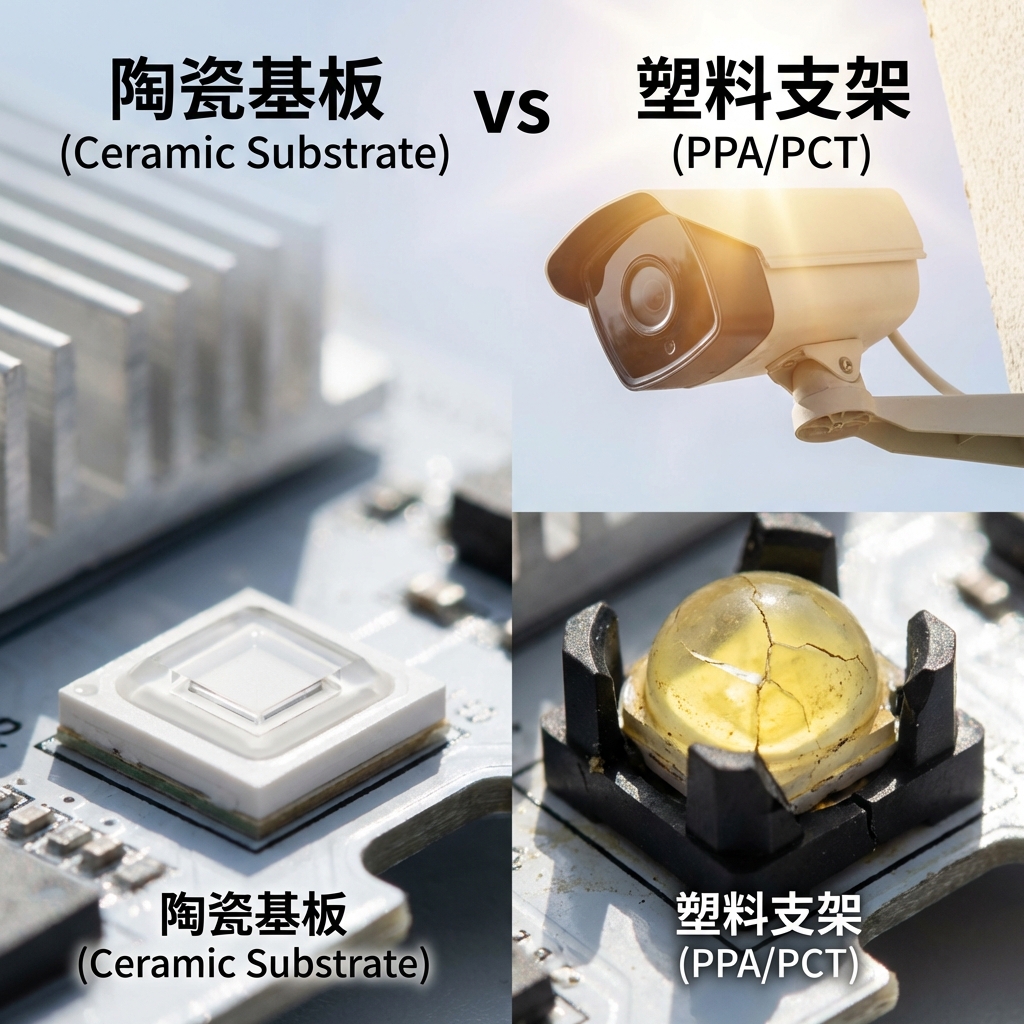 3535陶瓷红外发射管与传统PPA塑料封装灯珠的对比，展示陶瓷封装的坚固耐用和塑料封装的老化开裂。