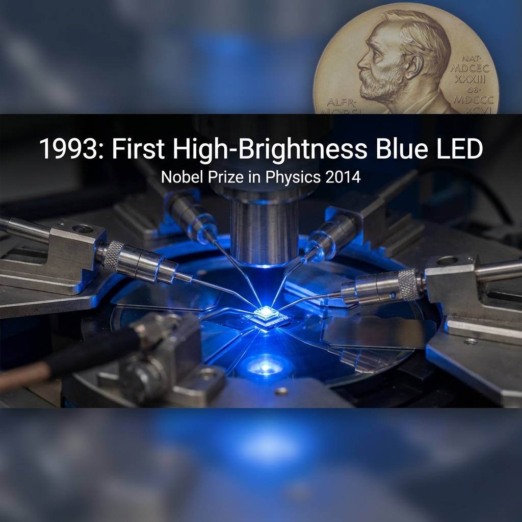 1993年首颗商用高亮度蓝光LED在实验室诞生的场景，背景隐约有诺贝尔奖章轮廓，强调发明与历史意义