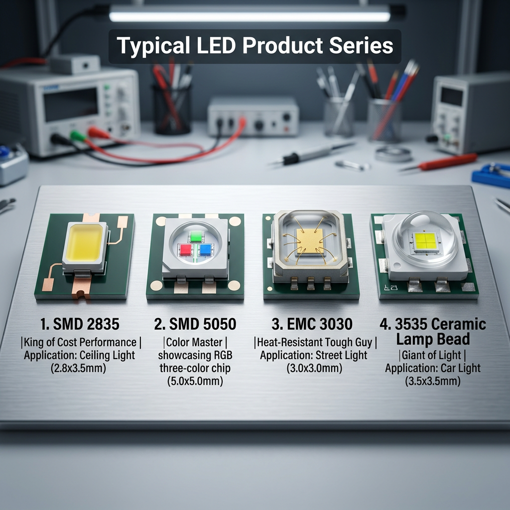 高亮度LED灯珠的四大典型产品系列图,包括SMD 2835、SMD 5050、EMC 3030和3535陶瓷大功率LED灯珠。