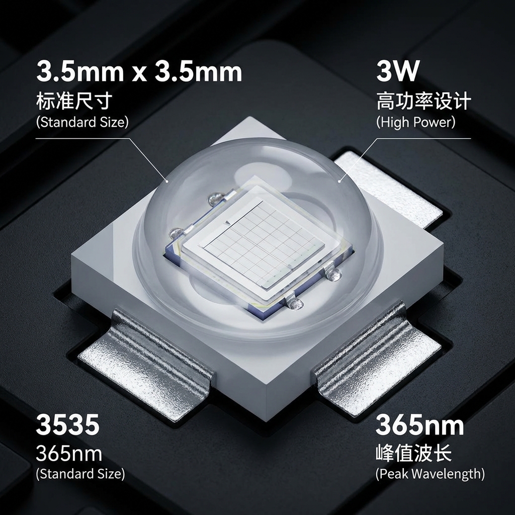 3535 365nm 3W大功率LED灯珠高清微距图，展示其3.5mm x 3.5mm的方形陶瓷基板、半球形石英玻璃透镜和中心大尺寸发光芯片。