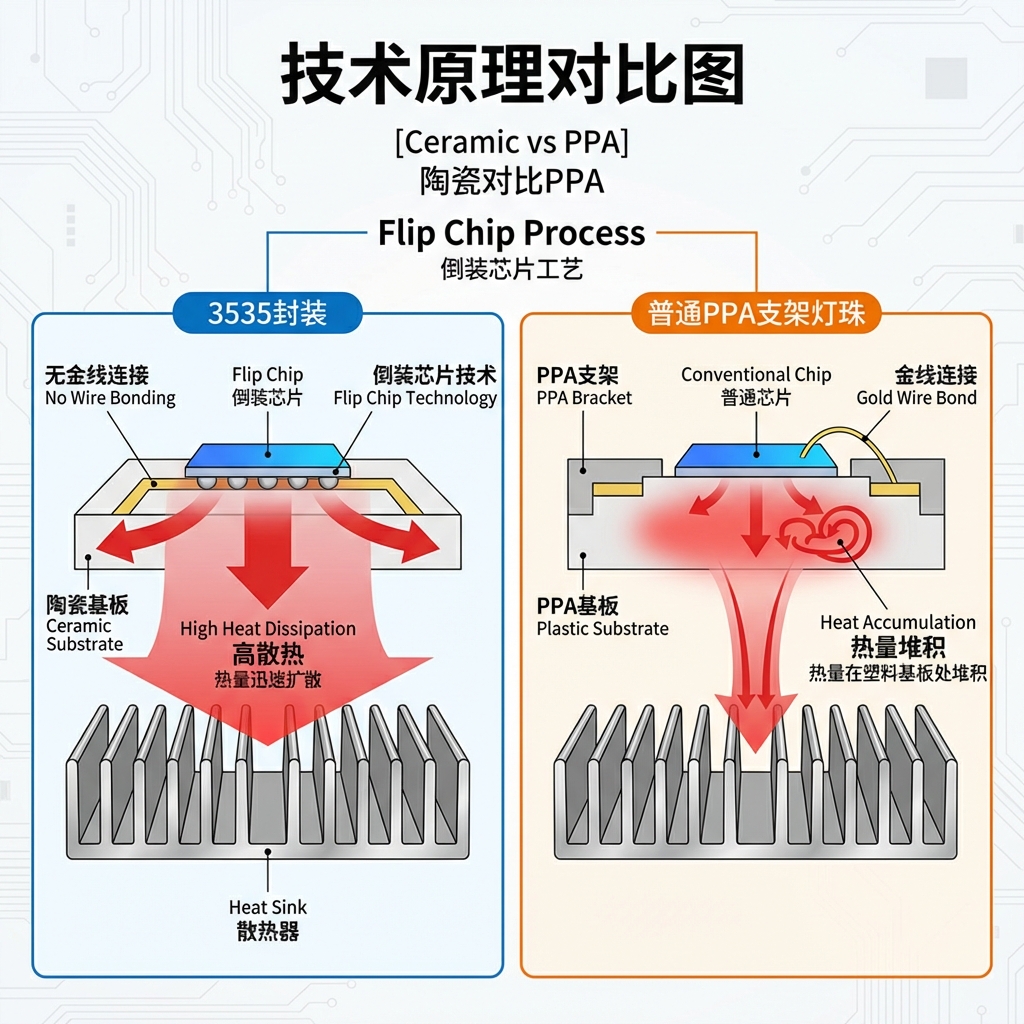 技术原理对比图。左侧展示3535封装剖面，采用倒装芯片（Flip Chip）技术，无金线连接，热量通过陶瓷基板向下迅速扩散（红色热流箭头）；右侧展示普通PPA支架灯珠，热量在塑料基板处堆积。标注文字：[Flip Chip Process], [High Heat Dissipation], [Ceramic vs PPA]. 横向信息图风格，背景简洁。