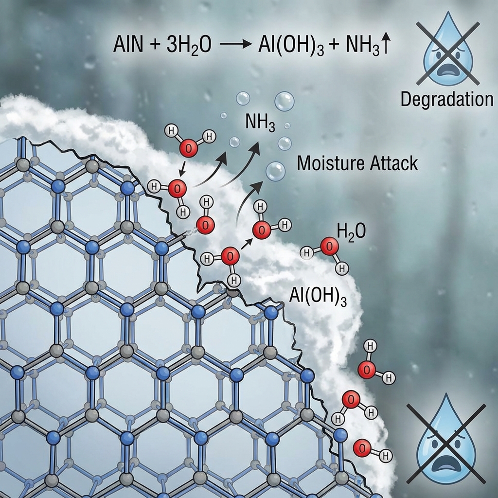 AlN水解反应示意图，展示AlN晶格与水分子接触后，生成氨气（NH3）和氢氧化铝（Al(OH)₃）的过程及化学方程式。