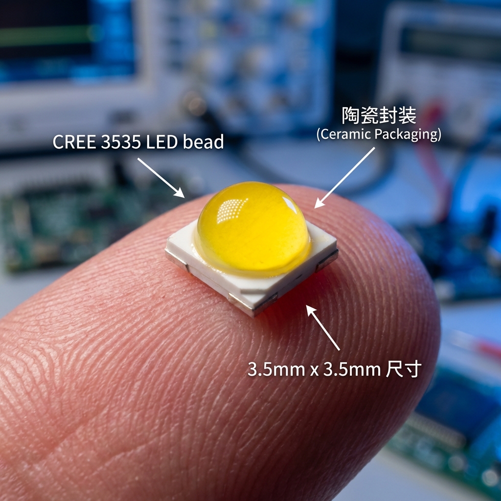 一张指尖上的CREE科锐3535 LED灯珠特写，展示其3.5mm x 3.5mm的陶瓷封装小巧尺寸和黄色硅胶透镜。