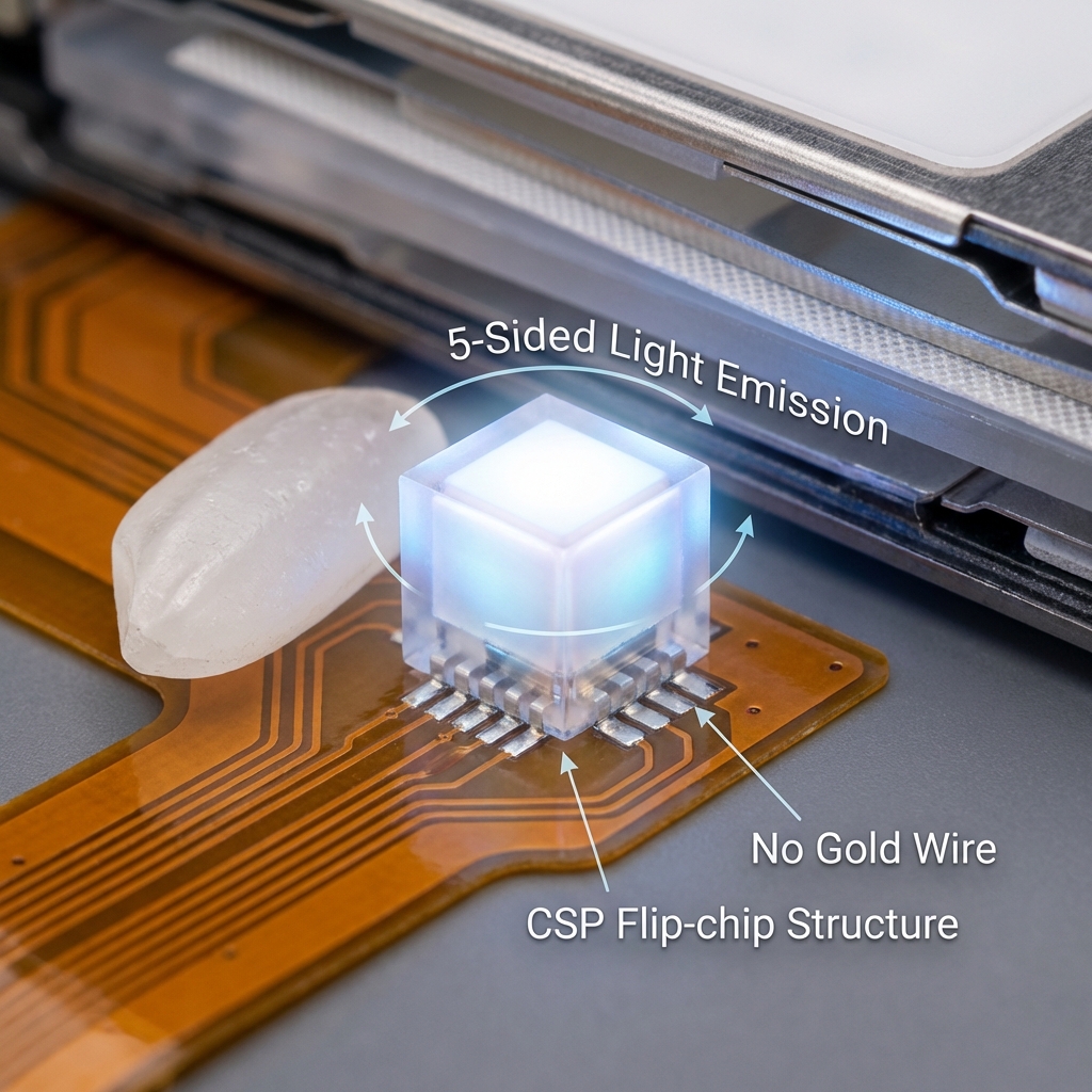 CSP芯片级封装的特写，展示其无金线倒装结构、极小体积（与米粒对比）和五面发光特性。