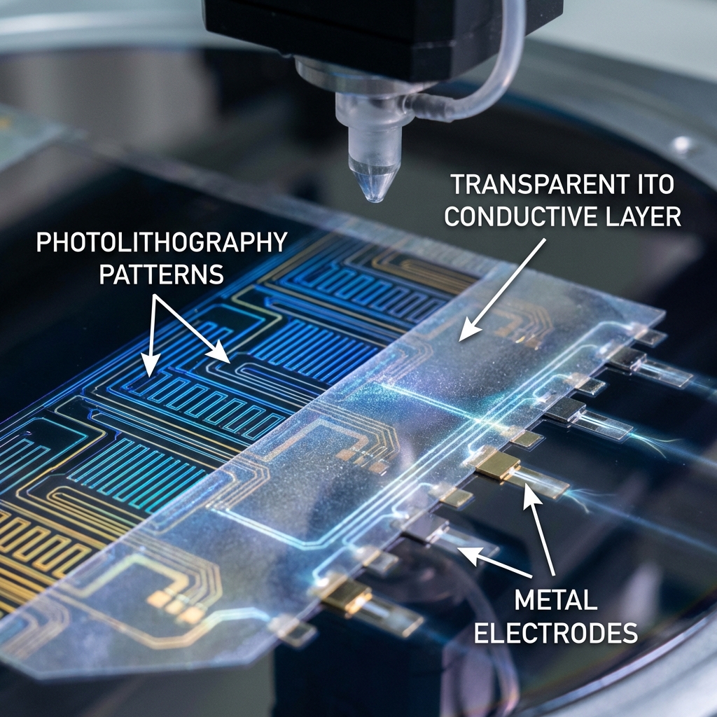 LED晶圆制造关键工序细节图,展示光刻刻蚀后的微米级电路图案,以及透明导电层(ITO)和金属电极。