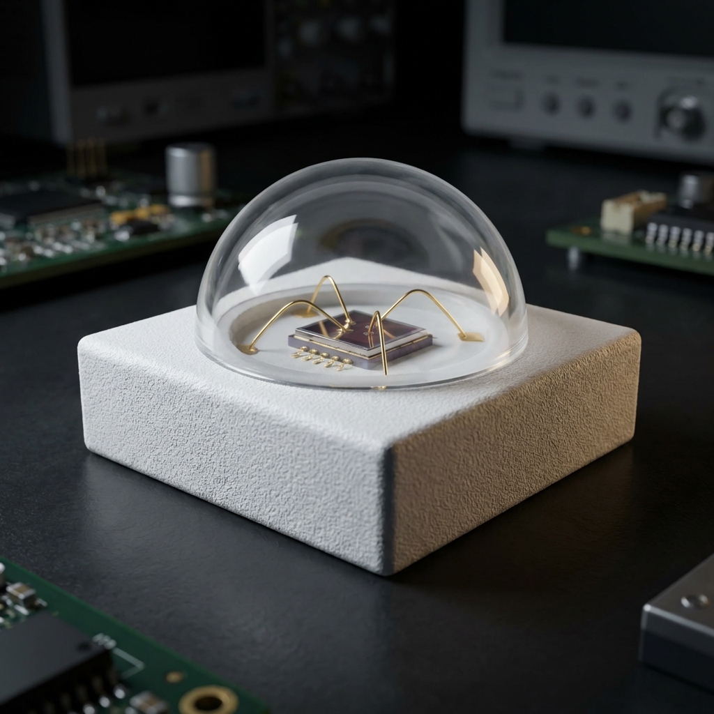 宏观展示一颗红外3535氮化铝陶瓷灯珠的3D渲染图。画面核心为3.5mm x 3.5mm的精密封装结构,底层为高质感的白色氮化铝(AlN)陶瓷基板,上方覆盖半球形透明硅胶透镜。内部清晰可见连接芯片的微细金线。背景采用深色工业实验室风格,侧光突出陶瓷的坚固质感与电子元件的精密感,体现其作为“精密热管理系统”的核心地位。