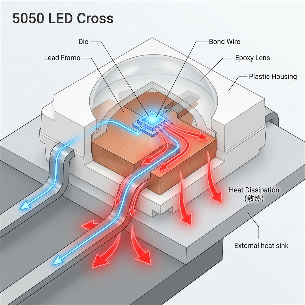 5050 LED灯珠的3D剖面图，内部芯片（Die）通过铜质引线框架（Lead Frame）实现电气连接和高效散热，红色箭头指示热量传导路径。