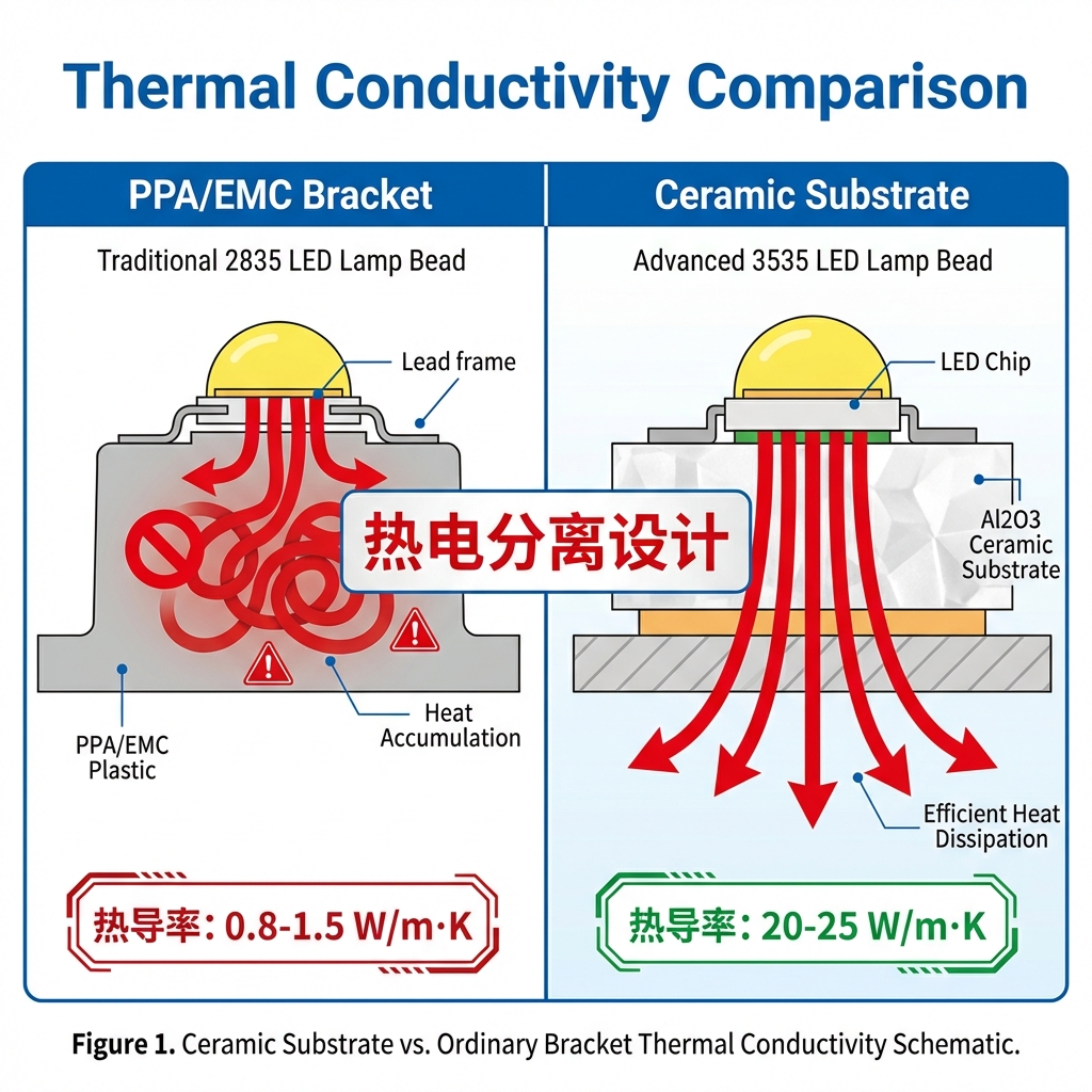 3535陶瓷基板与普通PPA/EMC塑料支架的热导率对比示意图,直观展示陶瓷基板优越的热电分离散热性能。