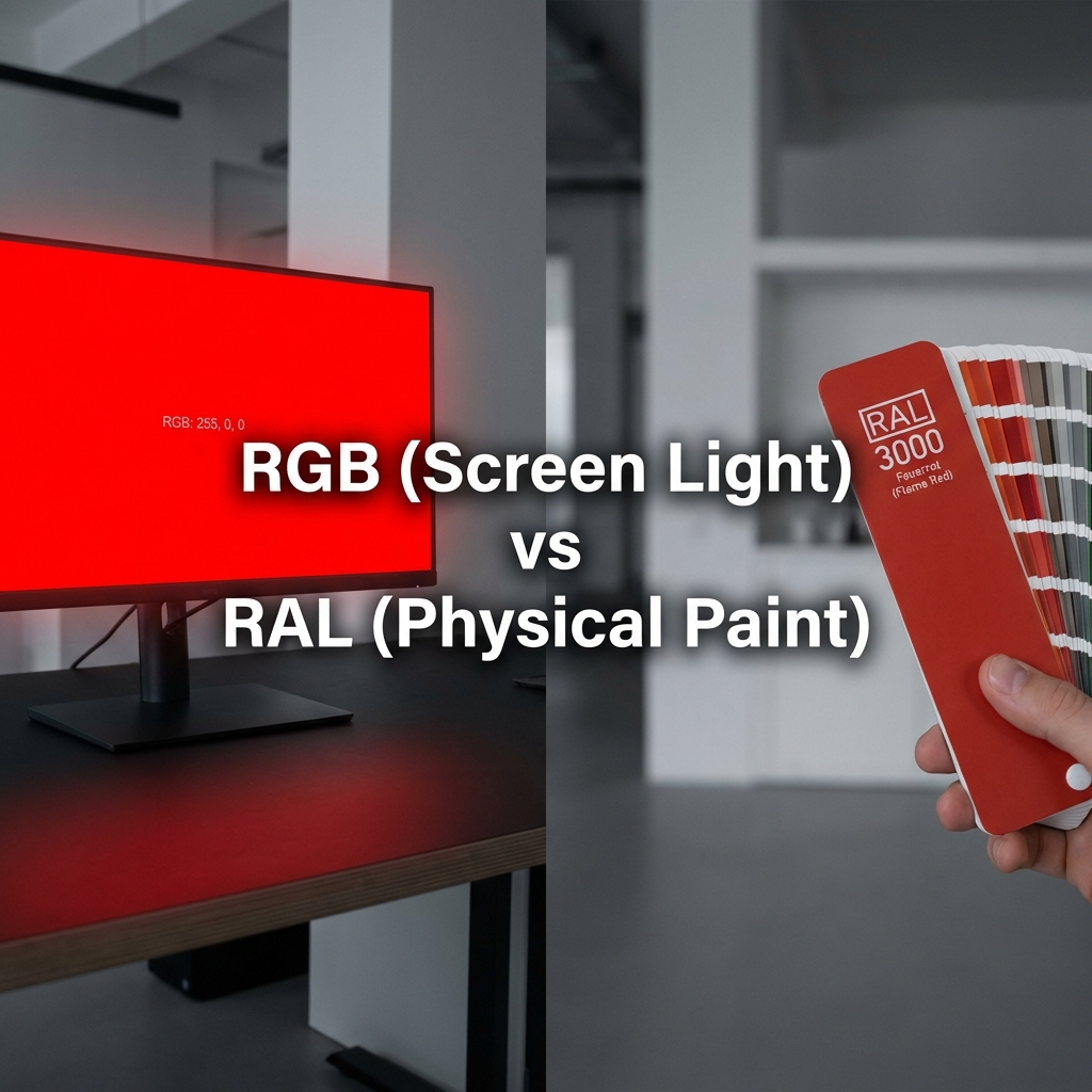 专业显示器显示高饱和红色，旁有一只手拿着劳尔色卡RAL 3000火焰红进行比对，展现屏幕自发光与实体颜料反射光之间的色差。