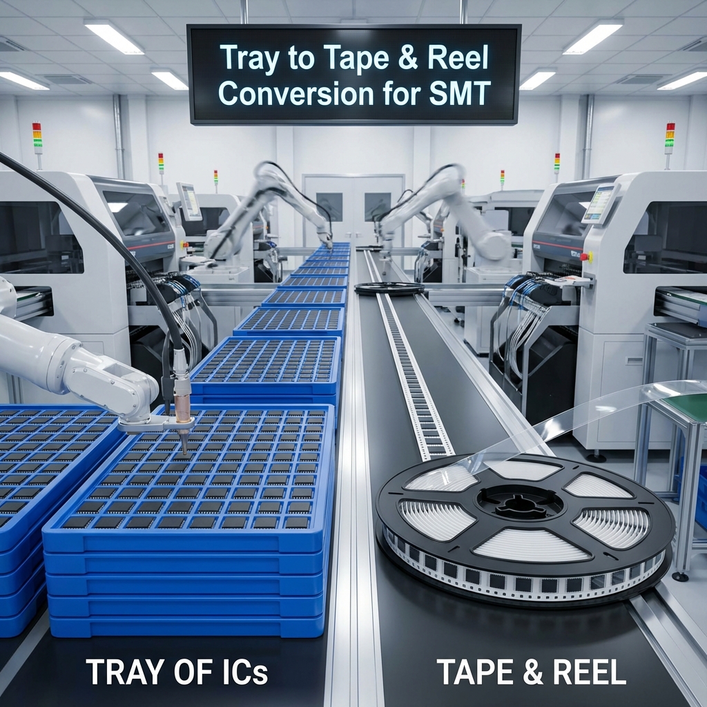显示芯片从托盘（Tray）转换为卷带（Tape & Reel）以适应SMT高速贴片生产线，提升自动化效率。