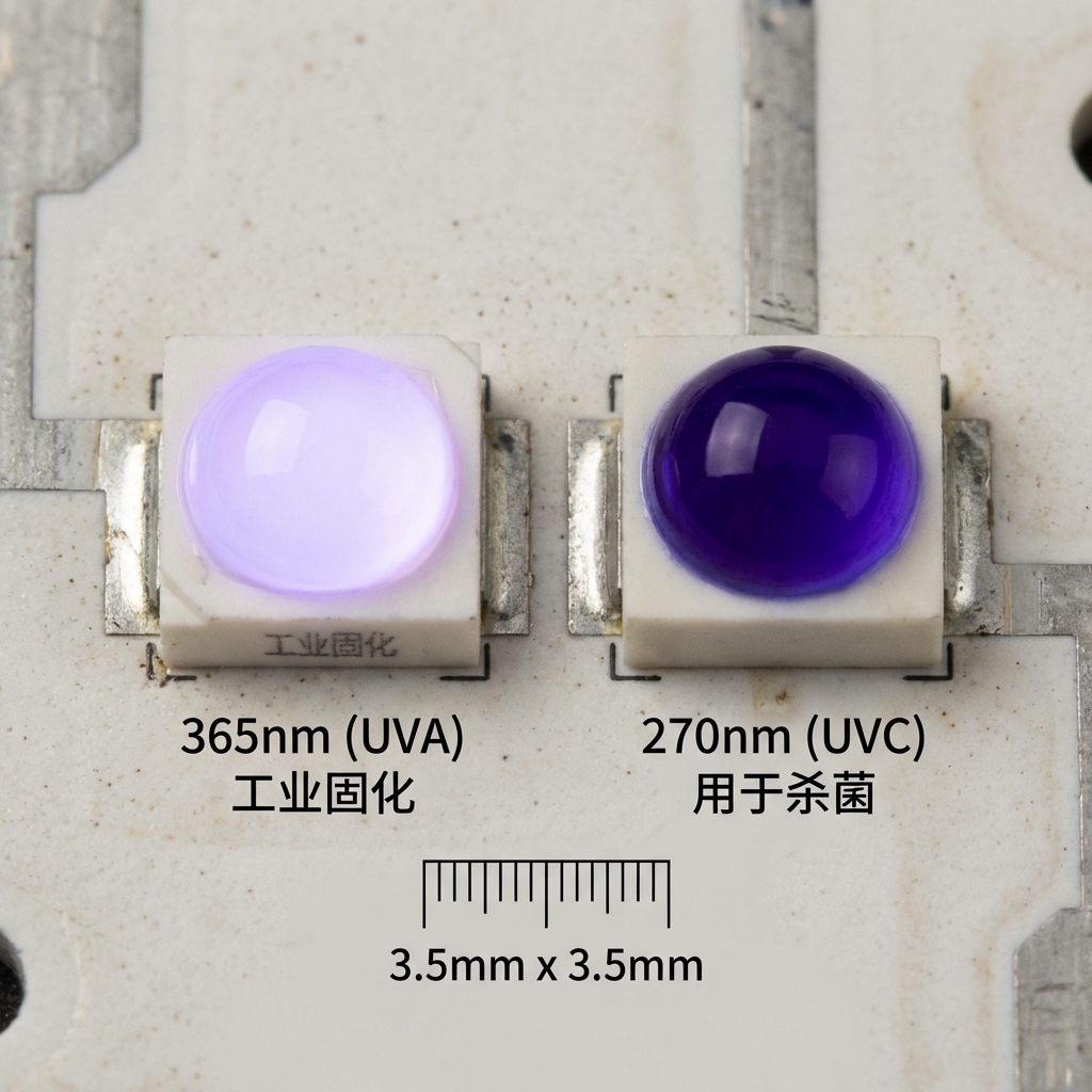 3535陶瓷封装LED灯珠对比图,左侧365nm UVA用于固化,右侧270nm UVC用于杀菌