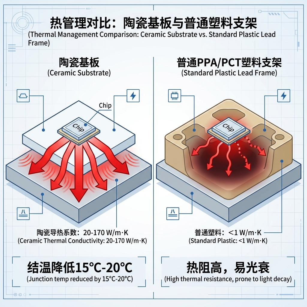 对比示意图，直观展示陶瓷基板（高导热）与普通塑料支架（高热阻）在LED灯珠热管理上的巨大差异及对结温的影响。