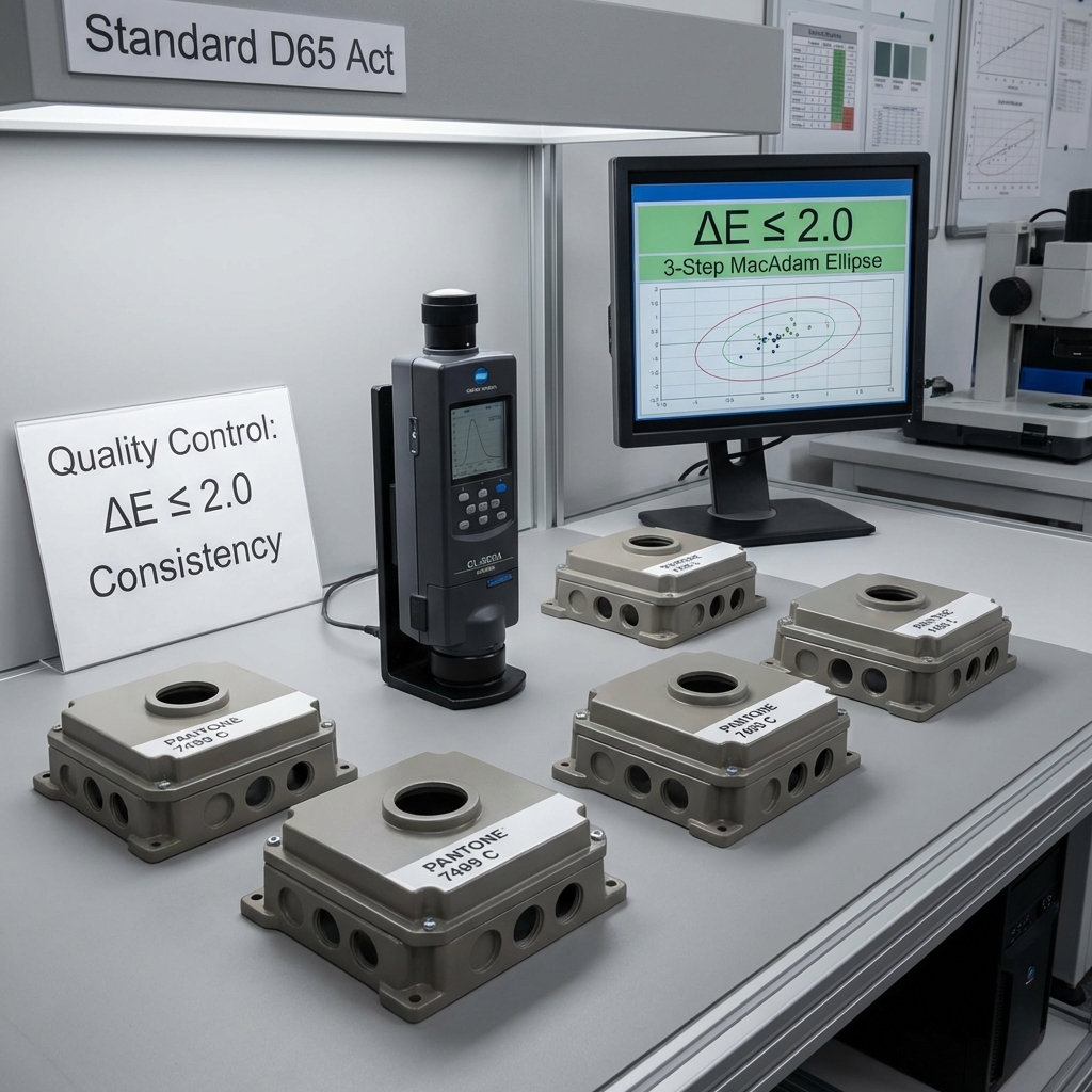 工业质量控制场景。展示多件涂有7499C色漆的工业外壳在标准光源D65下的对比，旁边放置专业光谱照度计。屏幕显示关键数据ΔE ≤ 2.0，体现3阶麦克亚当椭圆的精准分选标准。强调产品色彩的一致性与专业交付水平。文字标注：Quality Control: ΔE ≤ 2.0 Consistency.