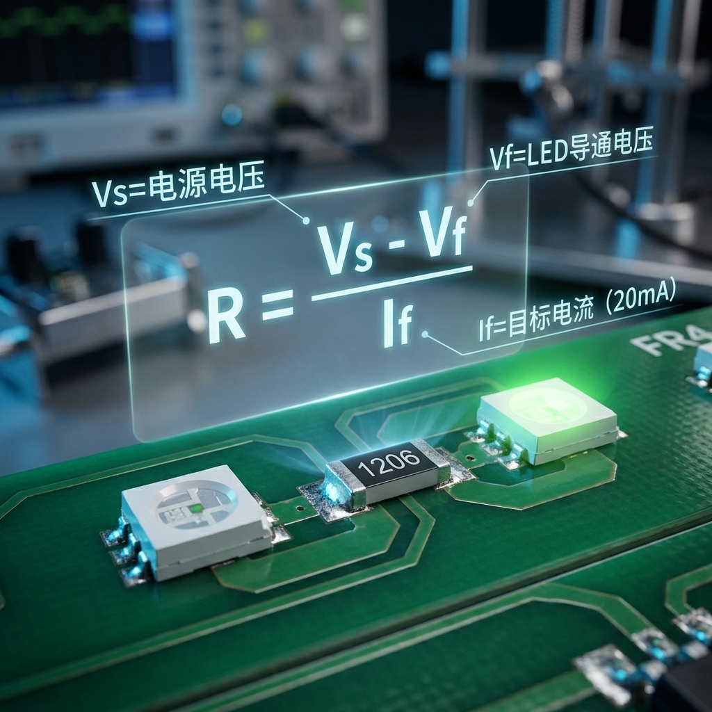 特写镜头：一颗 5050 LED 芯片（5.0mm x 5.0mm）与 1206 贴片电阻串联在绿色 PCB 电路板上。背景半透明叠加核心公式：R = (Vs - Vf) / If。画面呈现工业科技感，强调电阻作为“电流守门员”的保护角色。文字标注：Vs=电源电压, Vf=LED导通电压, If=目标电流 (20mA)。