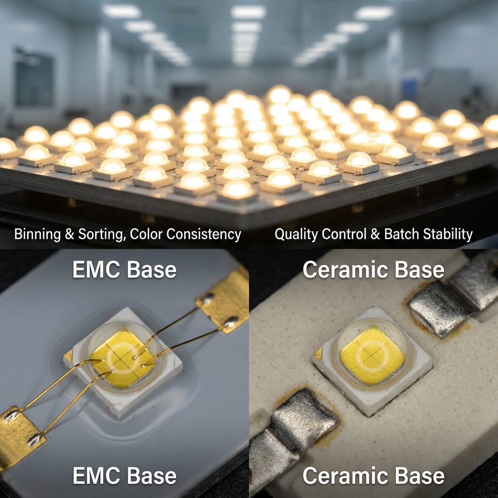 对比展示EMC与陶瓷两种支架材料的3535灯珠细节,背景为分光分色后的灯珠发出一致光色,强调材料选择与质量控制。