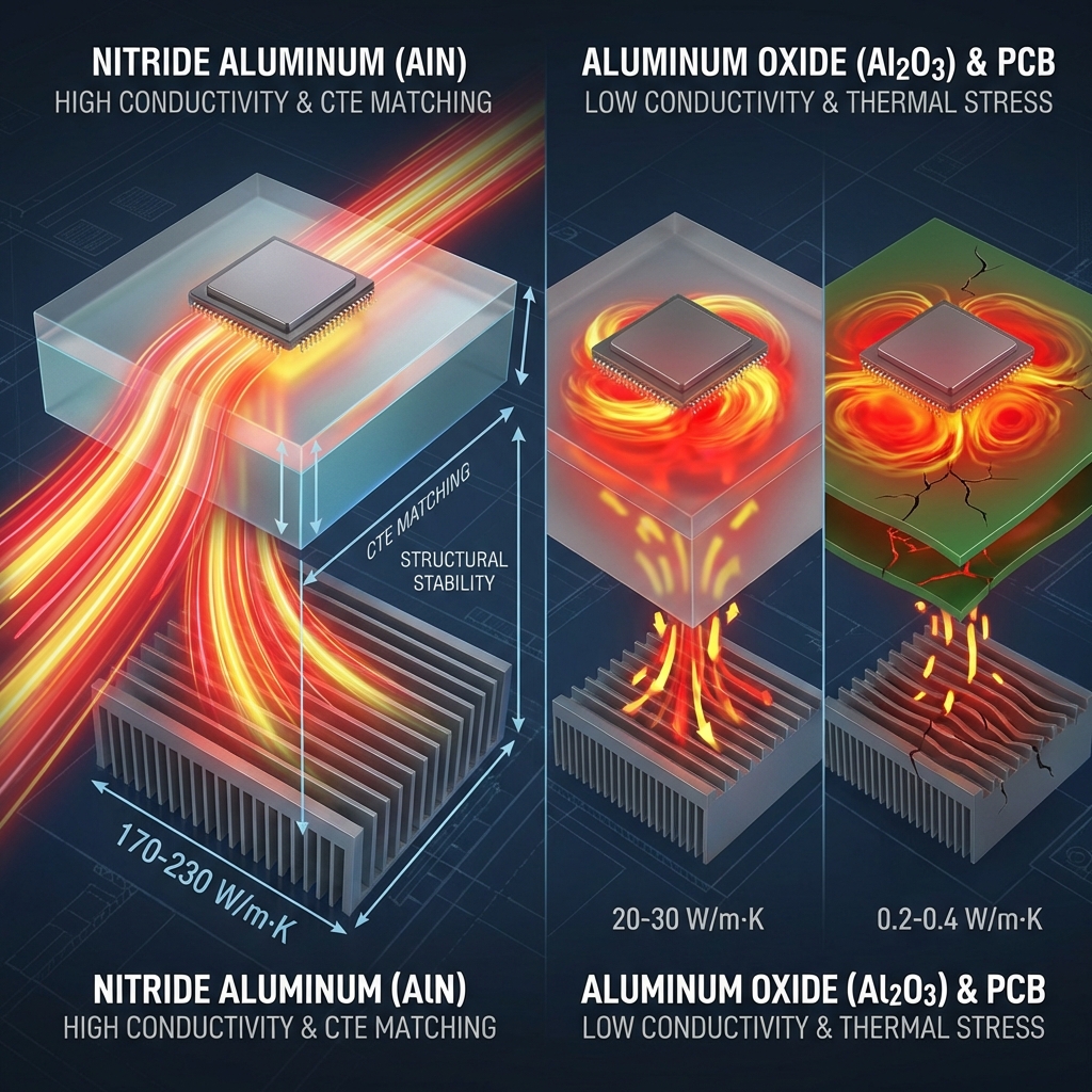 对比式技术示意图,展示氮化铝(AlN)与氧化铝(Al2O3)及传统PCB的导热效率差异。画面左侧为氮化铝基板,热量(红黄色流光)如高速公路般迅速从芯片向下传导至散热器,标注数字“170-230 W/m·K”;右侧对比材料则显示热量淤积。采用半透明3D建模风格,强调热膨胀系数匹配(CTE matching)带来的结构稳定性,视觉语言简洁硬核。