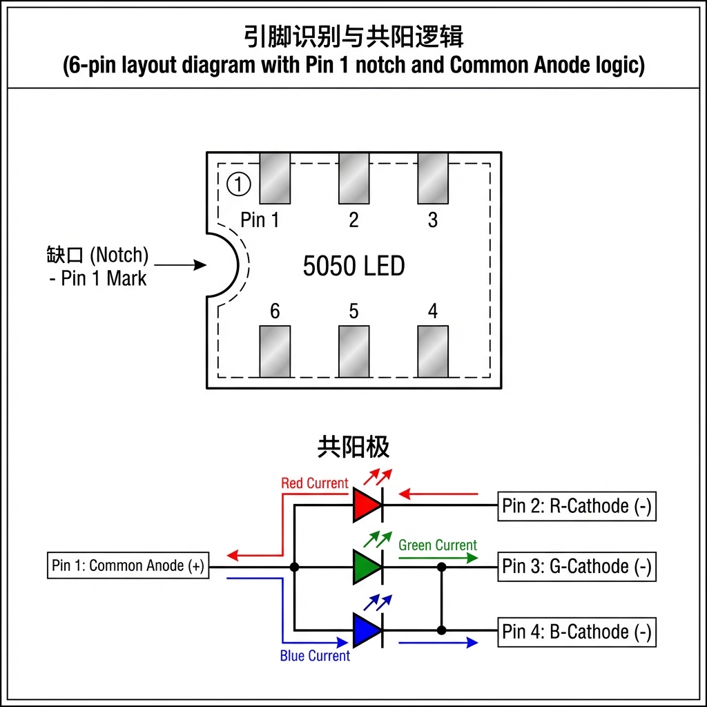 5050 RGB灯珠6脚位引脚定义技术说明图，俯视视角标注Pin 1缺口和共阳极连接逻辑，展示R、G、B回路电流流向。