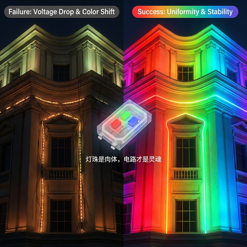 建筑景观亮化效果对比：左侧为电路设计缺陷导致的色彩不均和压降，右侧为优秀电路设计下的均匀亮度和色彩一致性，象征“灯珠是肉体，电路才是灵魂”。