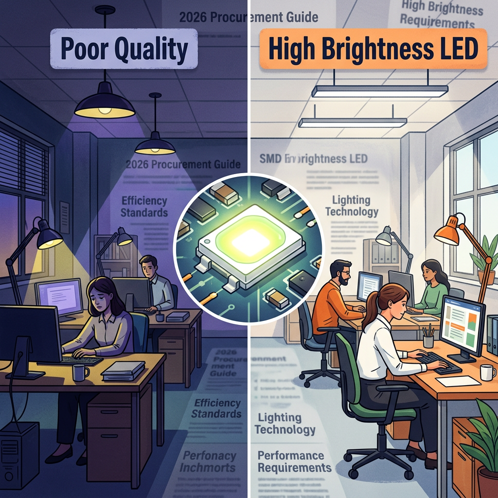 高亮度LED灯珠带来的照明效果对比图,左侧为劣质光源造成的昏暗蓝紫色照明,右侧为高亮度LED提供的明亮自然照明。
