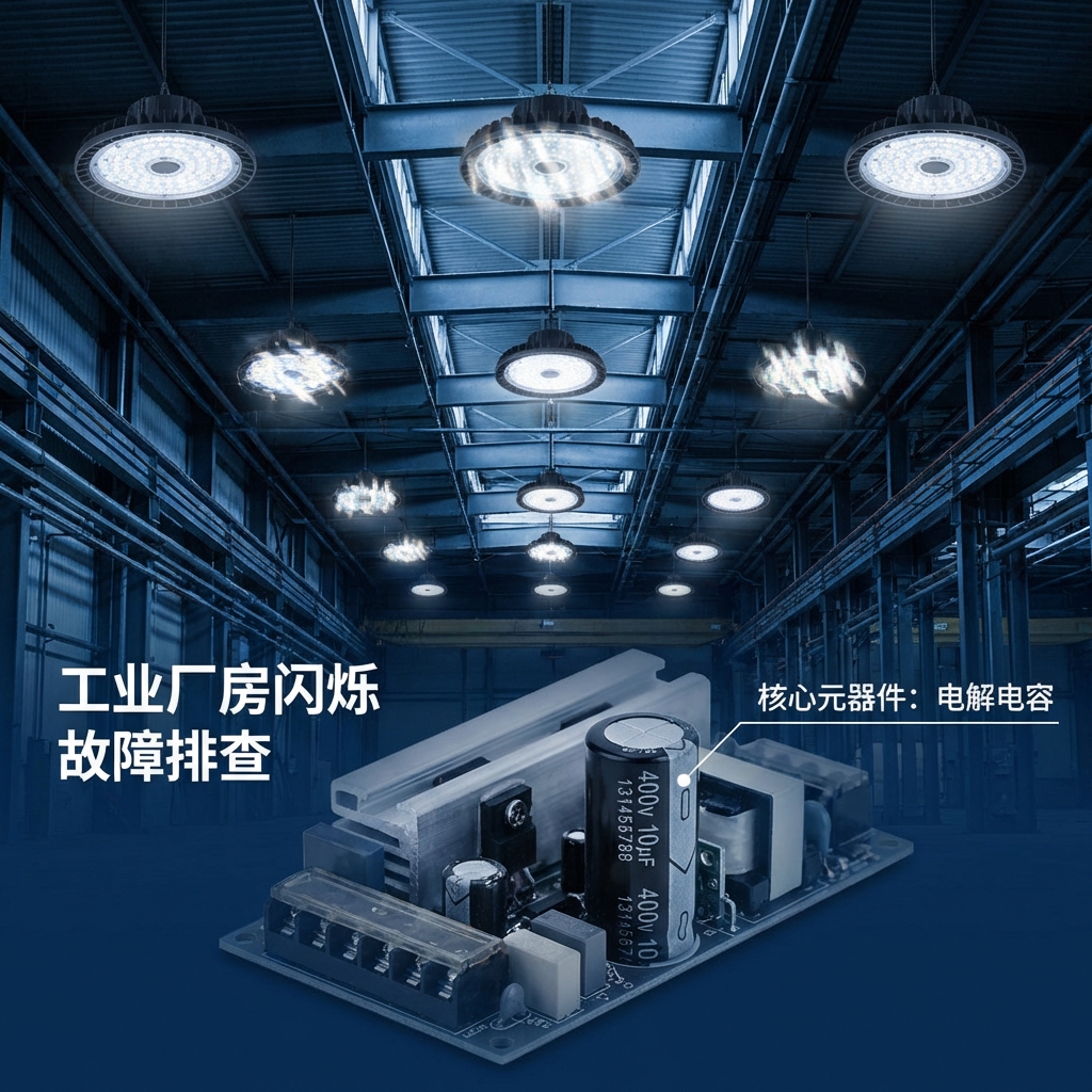工业厂房内高功率工矿灯闪烁，拆开的LED驱动器与标有‘400V 10μF’的电解电容特写