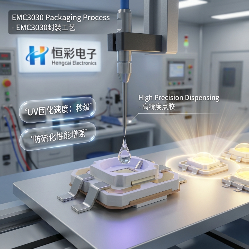 恒彩电子EMC3030 LED支架高精度点胶封装实景渲染图，展示UV胶快速固化与防硫化性能。