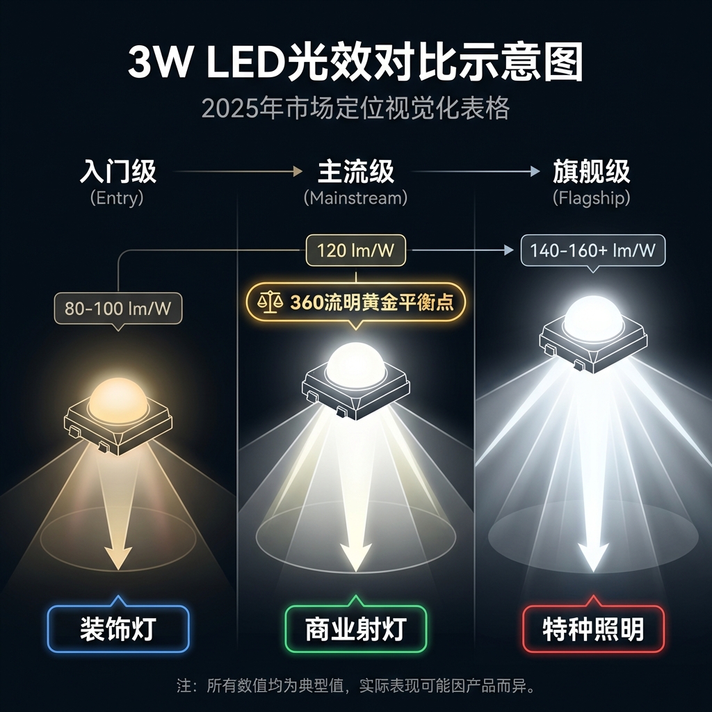 一张对比示意图展示了三种不同档次的3W LED灯珠：入门级（80-100 lm/W）光线暗淡偏黄，主流级（120 lm/W）光线明亮清晰并突出“360流明黄金平衡点”，旗舰级（140-160+ lm/W）光线极强。每颗灯珠下方标有其典型应用，直观展示了360流明在2025年市场中的定位。
