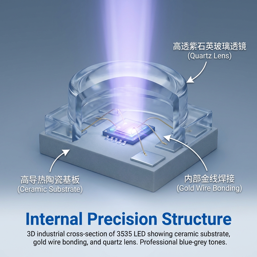 3535 UVB LED 内部结构示意图，显示陶瓷基板、金线焊接和石英透镜