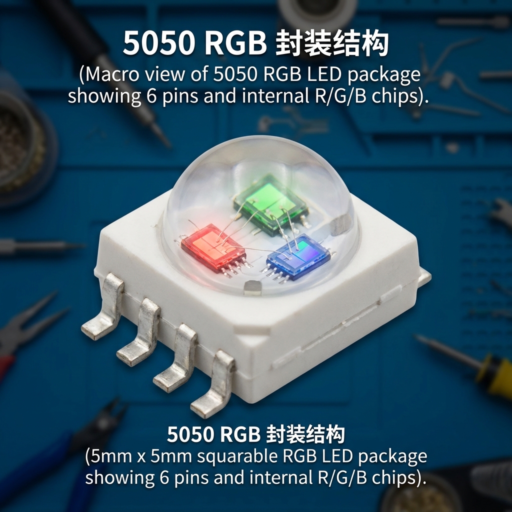 5050 RGB灯珠的特写微距摄影，展示其5mm x 5mm的方形封装，清晰呈现侧边6个金属引脚和内部红、绿、蓝三颗独立的LED芯片。