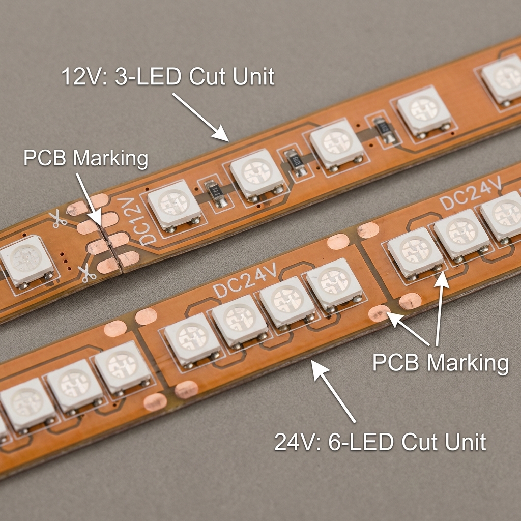 12V与24V 5050灯带剪切单元长度对比图,上方为12V灯带(3颗LED一剪),下方为24V灯带(6颗LED一剪),并清晰展示PCB板上的电压丝印。