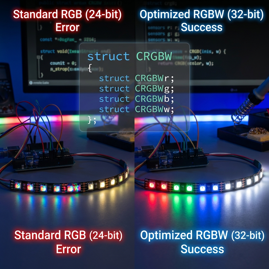 SK6812 RGBW 灯带颜色错位与重映射成功对比图
