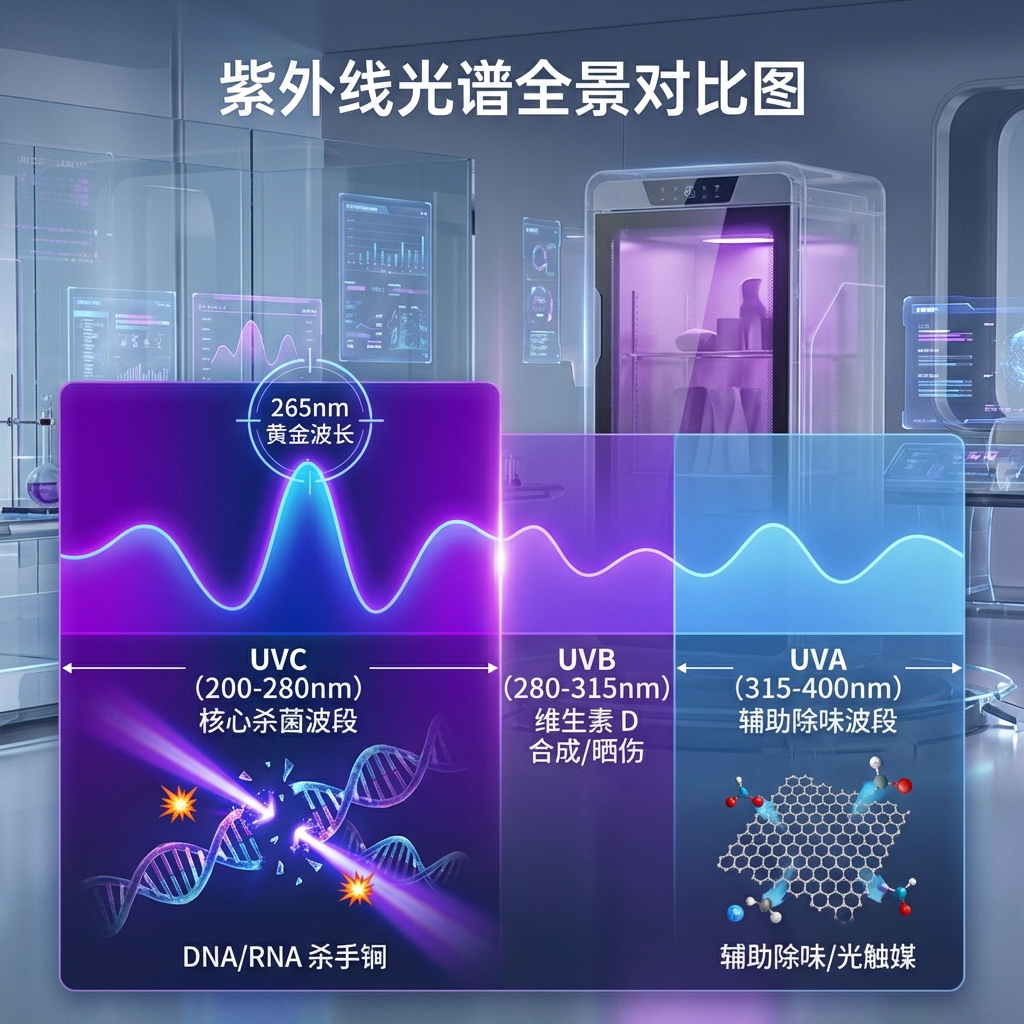 紫外线光谱对比图：UVC核心杀菌波段，UVA辅助除味，并标出265nm黄金波长
