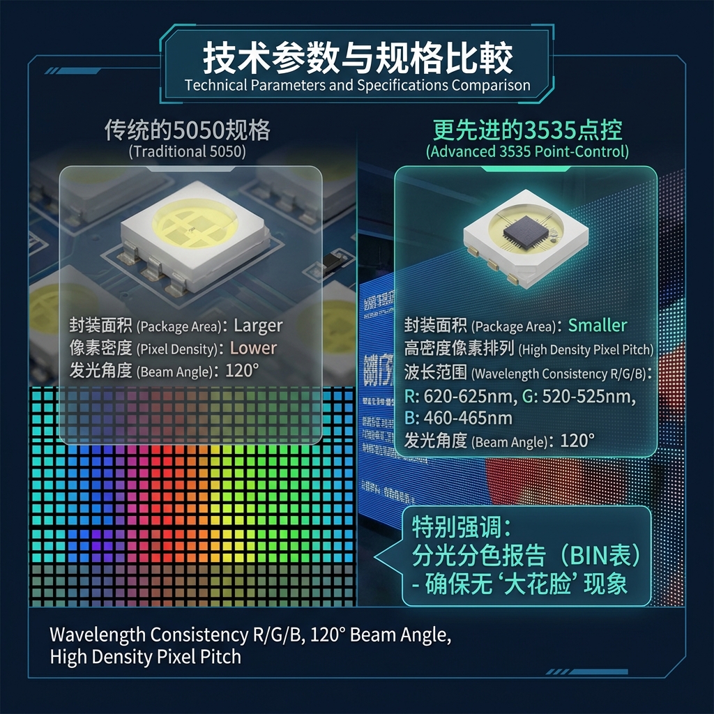 3535点控灯珠与5050灯珠的规格对比图,强调3535的小尺寸、高密度像素排列能力、一致的波长范围和120度发光角度,背景是细腻的LED格栅屏。