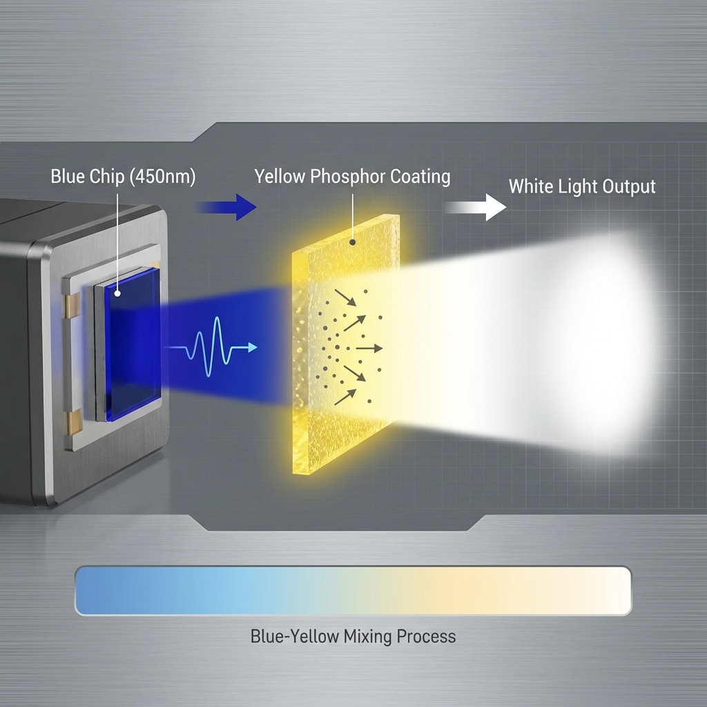 蓝光芯片通过黄色荧光粉（YAG）转换为白光的示意图，显示450nm蓝光穿过荧光粉被转换成白光