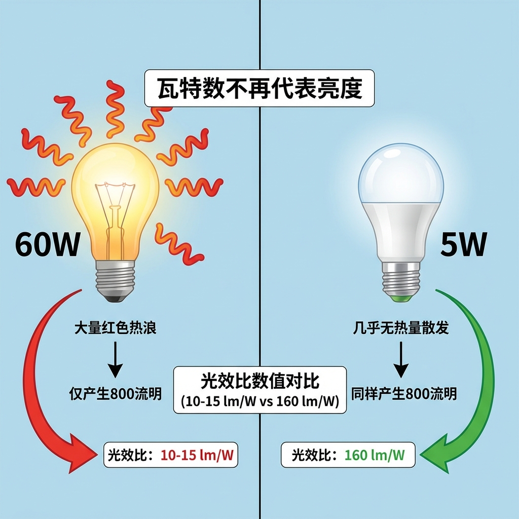 对比图：一盏60瓦白炽灯与一盏5瓦高光效LED灯泡，两者均产生800流明，直观展示LED在相同亮度下极低的能耗和更高的光效。