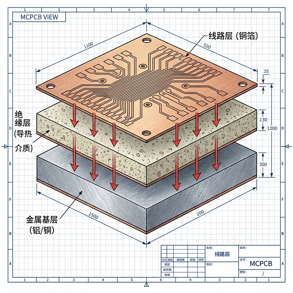 金属基板 (MCPCB) 的3D分层拆解图，清晰展示了线路层、绝缘层和金属基层构成的“三明治”结构，并用红色箭头指示热量传导路径。
