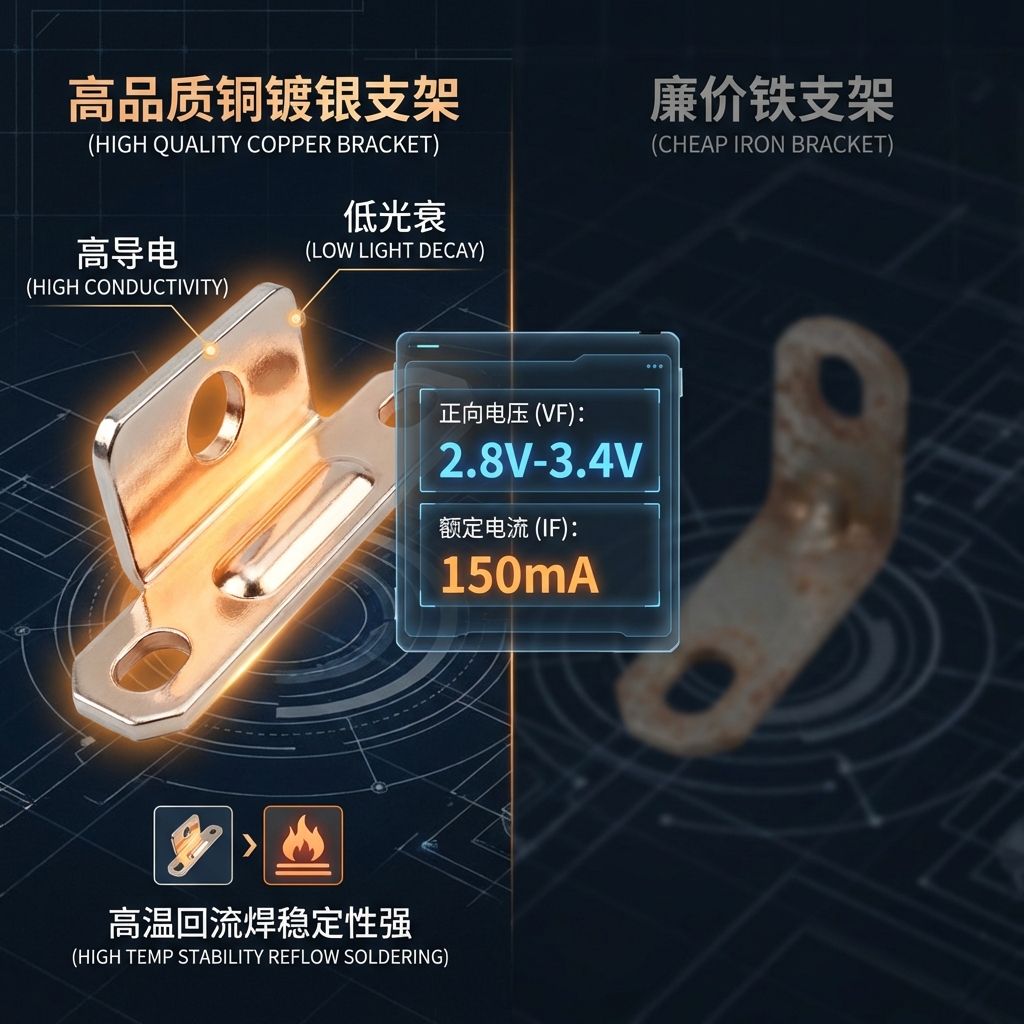 高品质铜镀银支架与廉价铁支架的对比图,强调前者的高导电、低光衰优势,并展示5050 LED的关键电气参数:正向电压(VF)和额定电流(IF)。