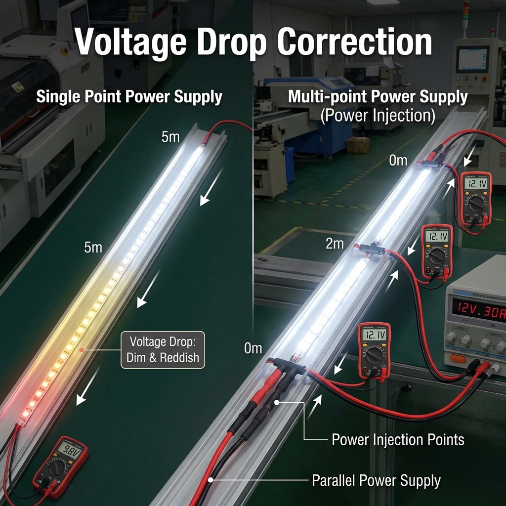长灯带多点供电示意图,每隔 2 米注入电源以修正压降,比较单点与多点供电效果
