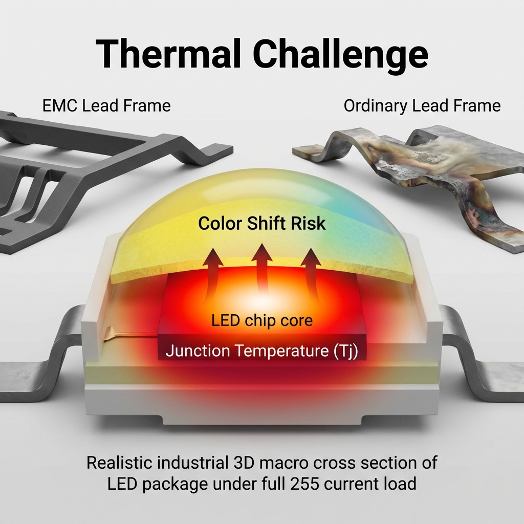 LED灯珠在255满载状态下的微距剖析图,显示芯片结温升高导致的热效应和荧光粉色温漂移的风险。