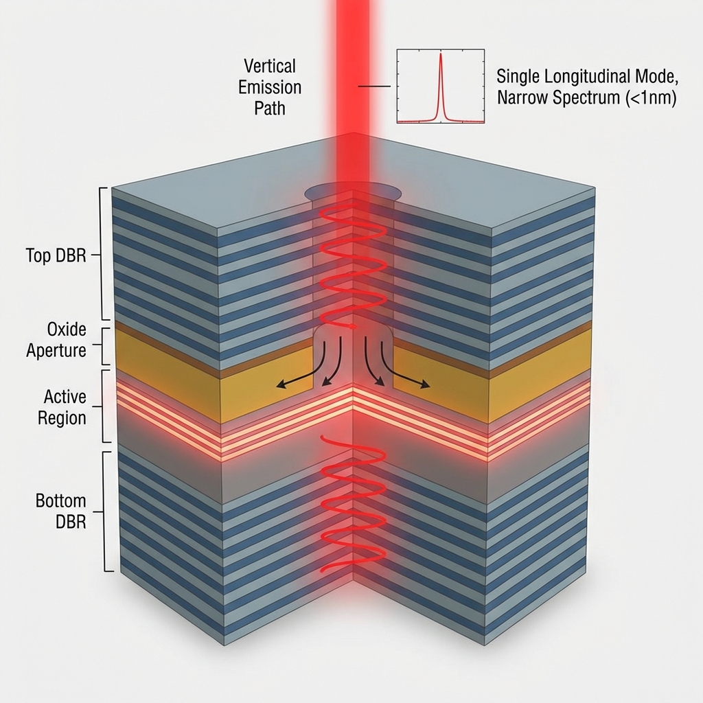 VCSEL内部微观结构剖面示意图，详细展示其分布式布拉格反射镜(DBR)、量子阱有源区和氧化孔径，阐释垂直激光发射原理