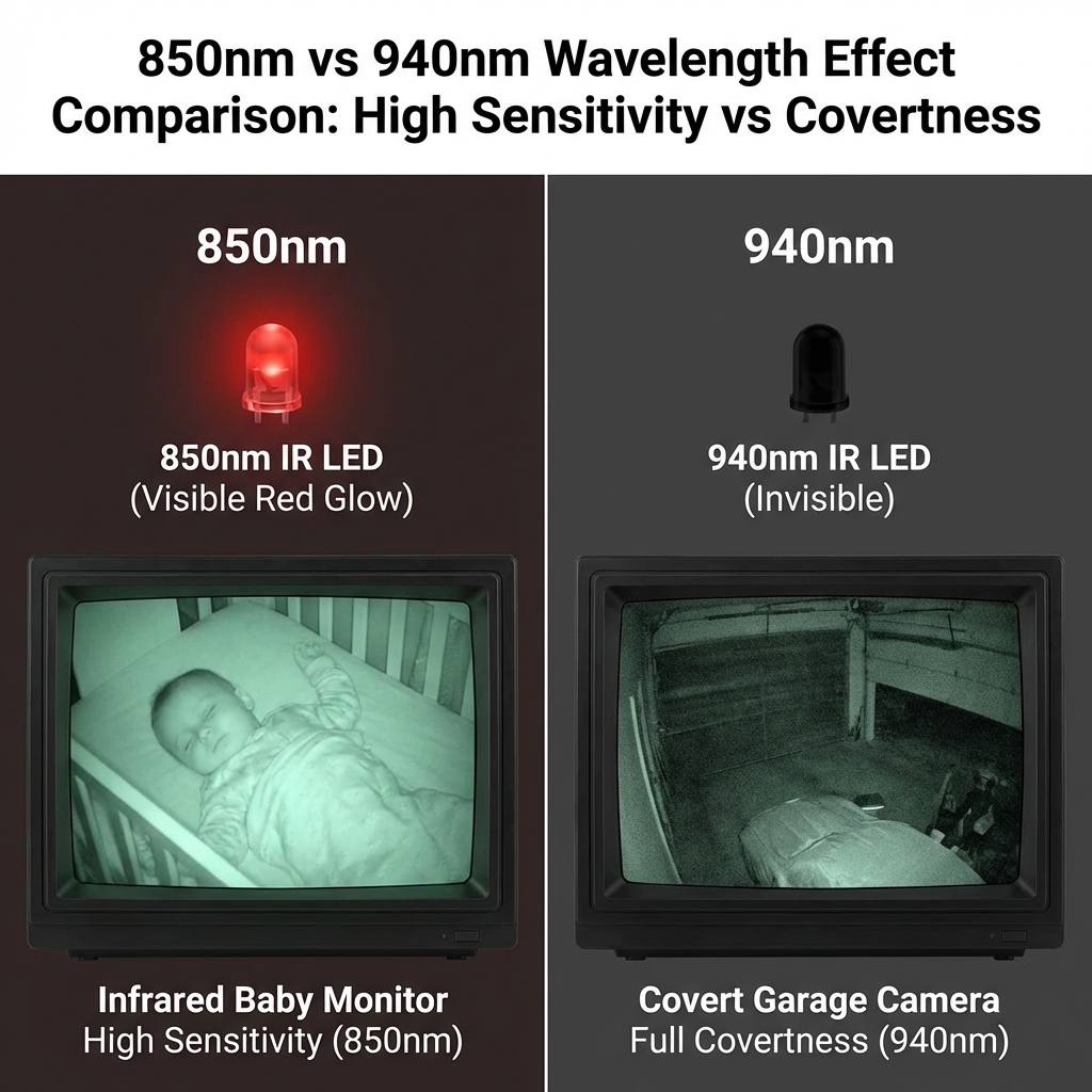 850nm与940nm红外发射管发光效果与夜视图像对比，展示850nm的红爆现象及高感度与940nm的完全隐蔽性。