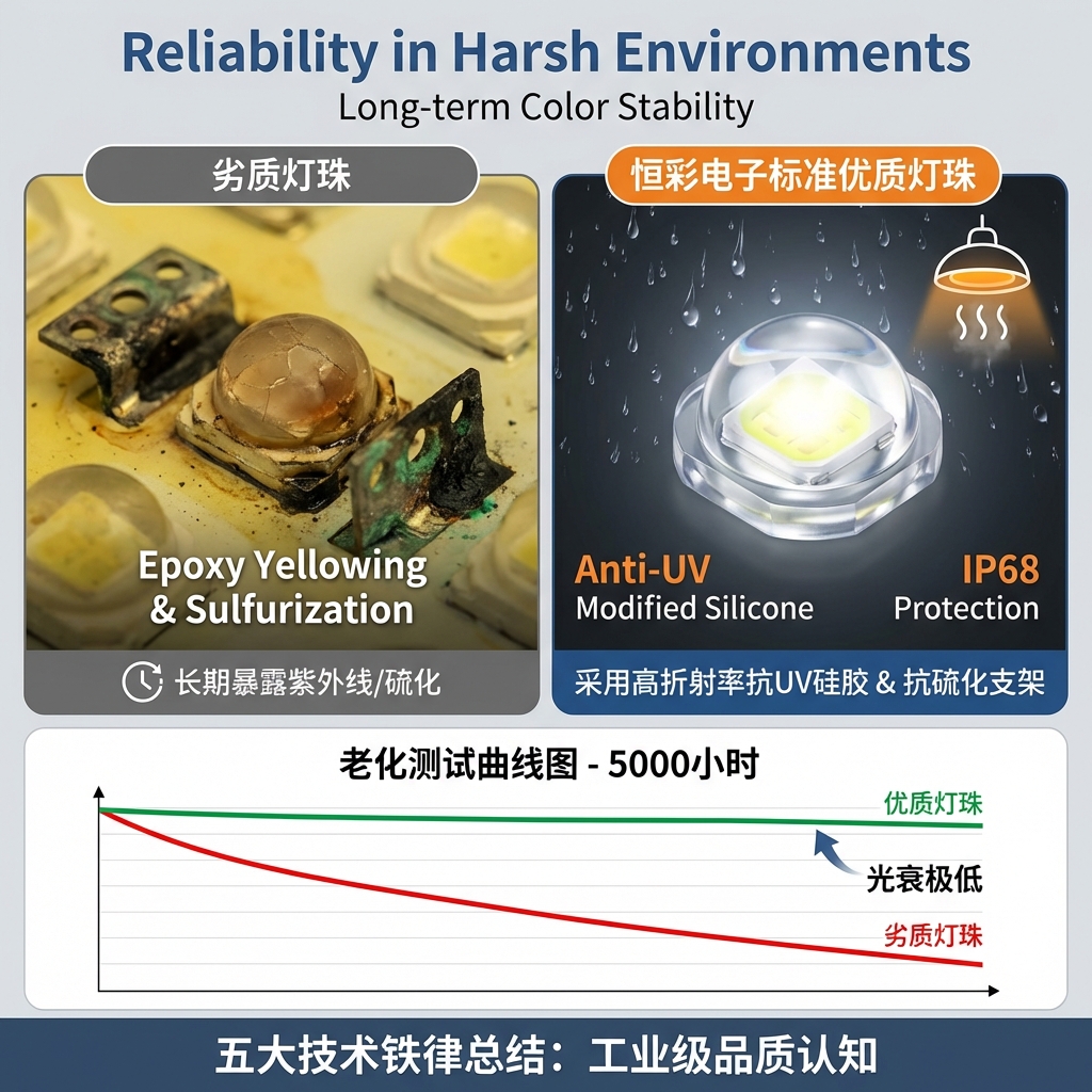 全彩LED灯珠耐候性与可靠性实验对比图,展示劣质灯珠在紫外线和硫化环境下发黄失效,以及恒彩电子优质灯珠的抗UV硅胶与抗硫化支架的优异表现。