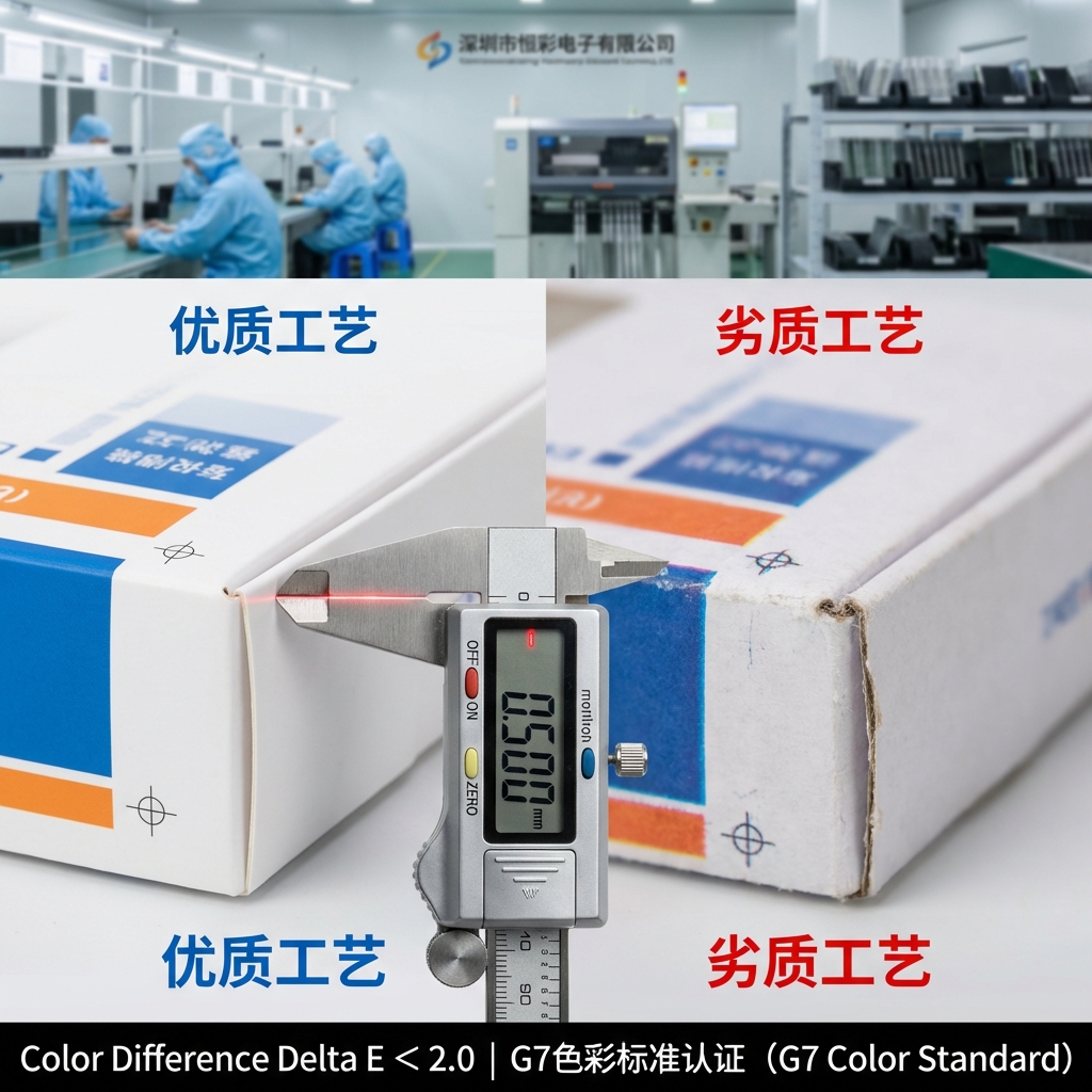 微距对比优质与劣质LED灯包装盒工艺，展示平整切口、精准套位与G7色彩标准，并关联LED封装车间背景