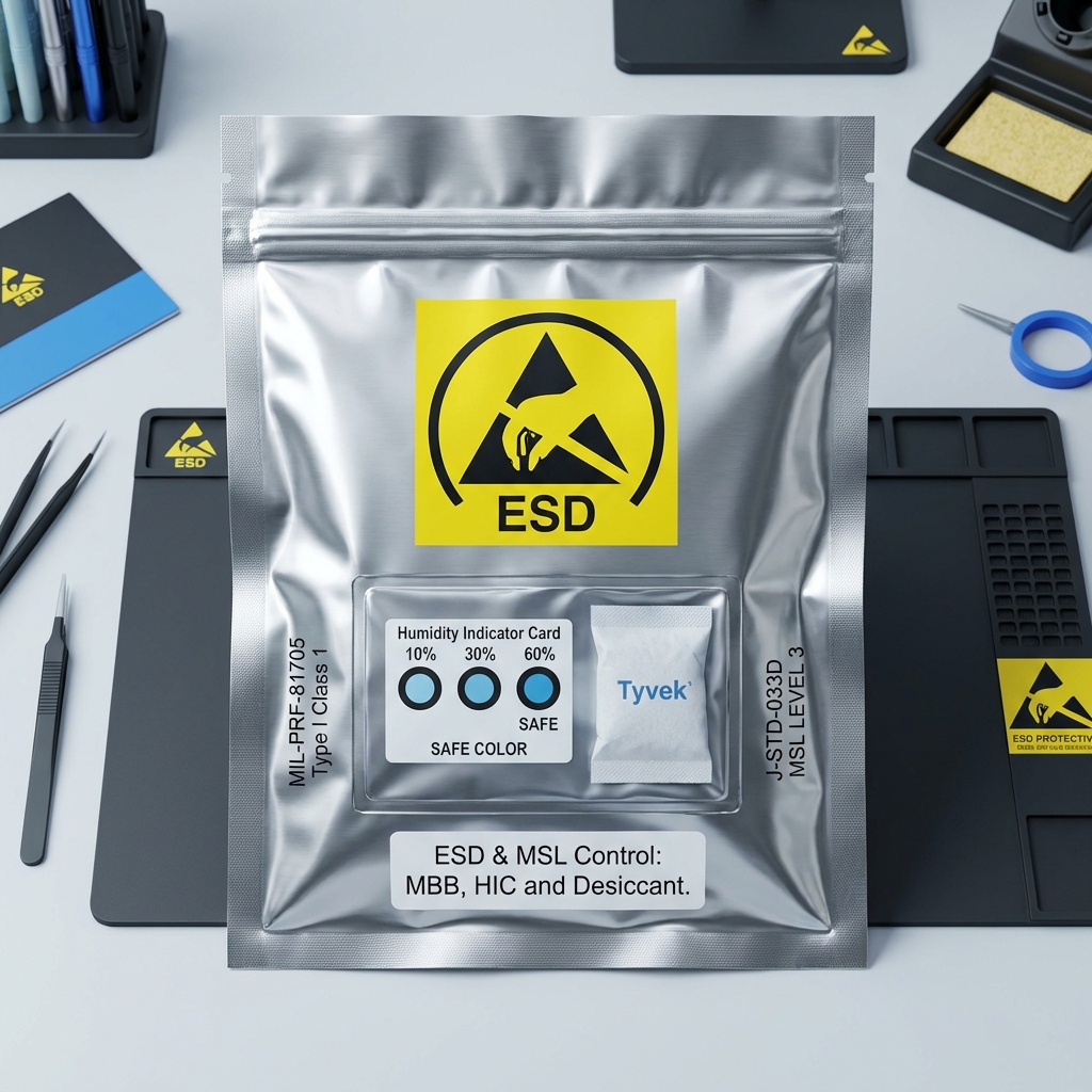 显示芯片的专业防潮（MBB）和防静电（ESD）包装，包含湿度指示卡（HIC）和干燥剂，强调湿敏等级（MSL）的严格管控。