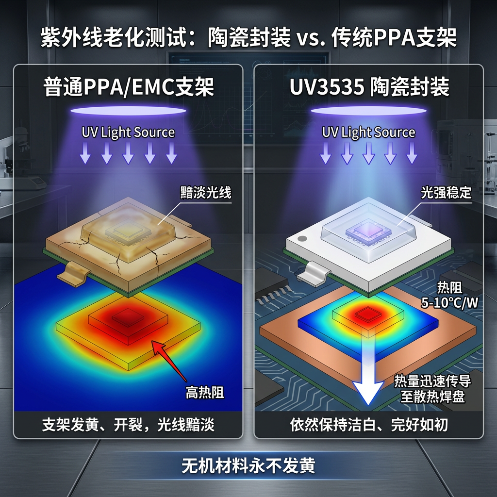 实验示意图，对比普通PPA/EMC支架在紫外线照射下发黄开裂，而UV3535陶瓷封装则保持洁白稳定，并展示陶瓷基板的低热阻优势。