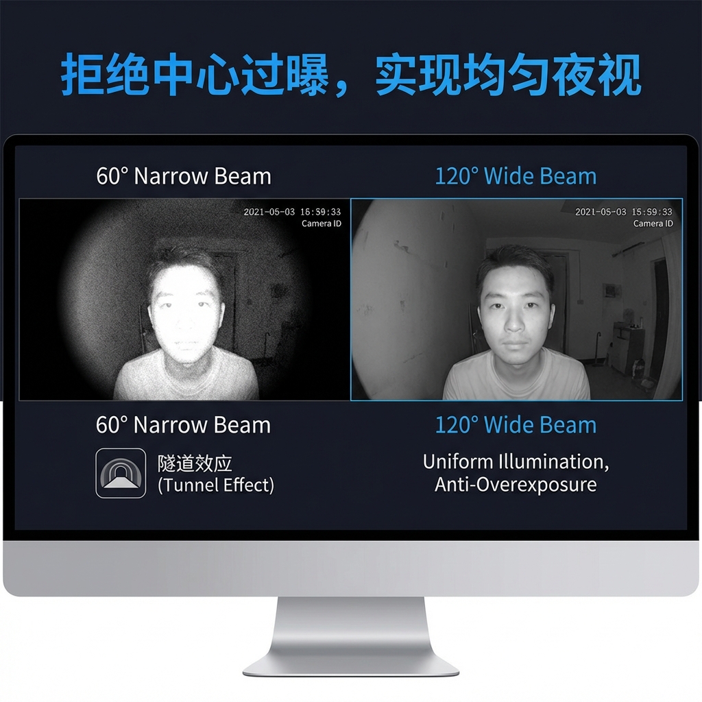 安防监控补光效果对比：60度窄角LED导致中心过曝，120度LED3535实现均匀夜视