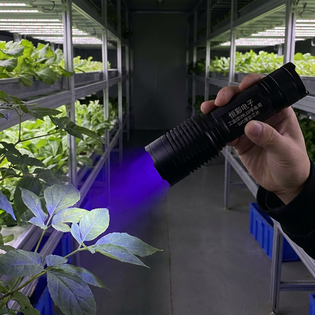 高功率UVLED手电筒应用场景实拍。画面中心为恒彩电子出品的工业级手电筒，正发出强烈的365nm深紫色紫外光，精准照射在温室中的药用植物叶片上。植物叶片在紫光下呈现出微弱的荧光反应，背景是整齐的植物工厂架位，强调SVC原装芯片在商业种植中的核心地位。