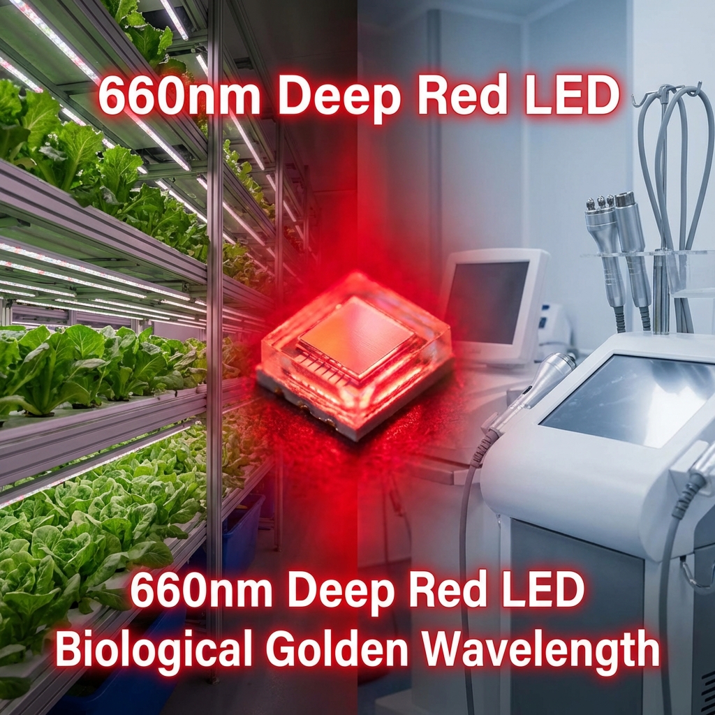 660nm LED芯片在植物工厂与医疗美容中的应用，展示深红光生物黄金波长