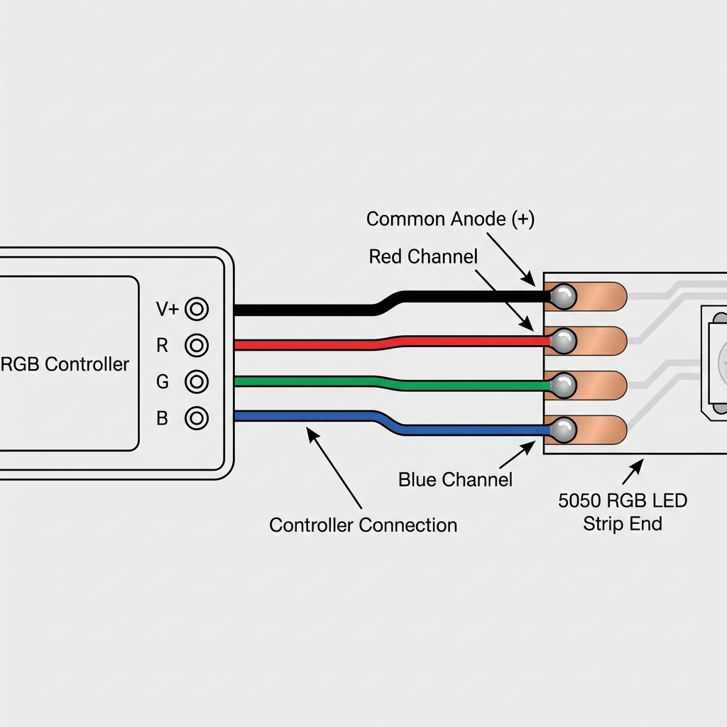 RGB 5050灯带与控制器的接线示意图，展示V+、R、G、B线分别连接到灯带的焊盘，确保全彩功能的实现。