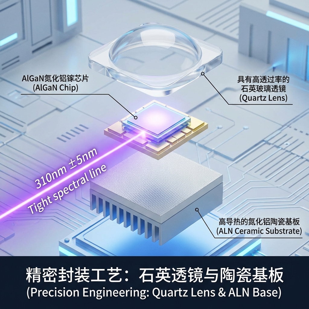 310nm LED灯珠的高科技结构拆解示意图。重点展示核心组件:AlGaN氮化铝镓芯片、具有高透过率的石英玻璃透镜(Quartz Lens)以及高导热的氮化铝陶瓷基板(ALN Ceramic Substrate)。画面通过发光波束强调±5nm的精准波长控制,背景呈现简洁的工业科技感。文字标注:'精密封装工艺:石英透镜与陶瓷基板 (Precision Engineering: Quartz Lens & ALN Base)'。