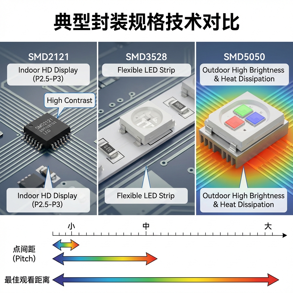 SMD2121、SMD3528与SMD5050全彩LED灯珠封装规格对比示意图,展示其尺寸、散热面积、应用场景及像素间距对观看距离的影响。